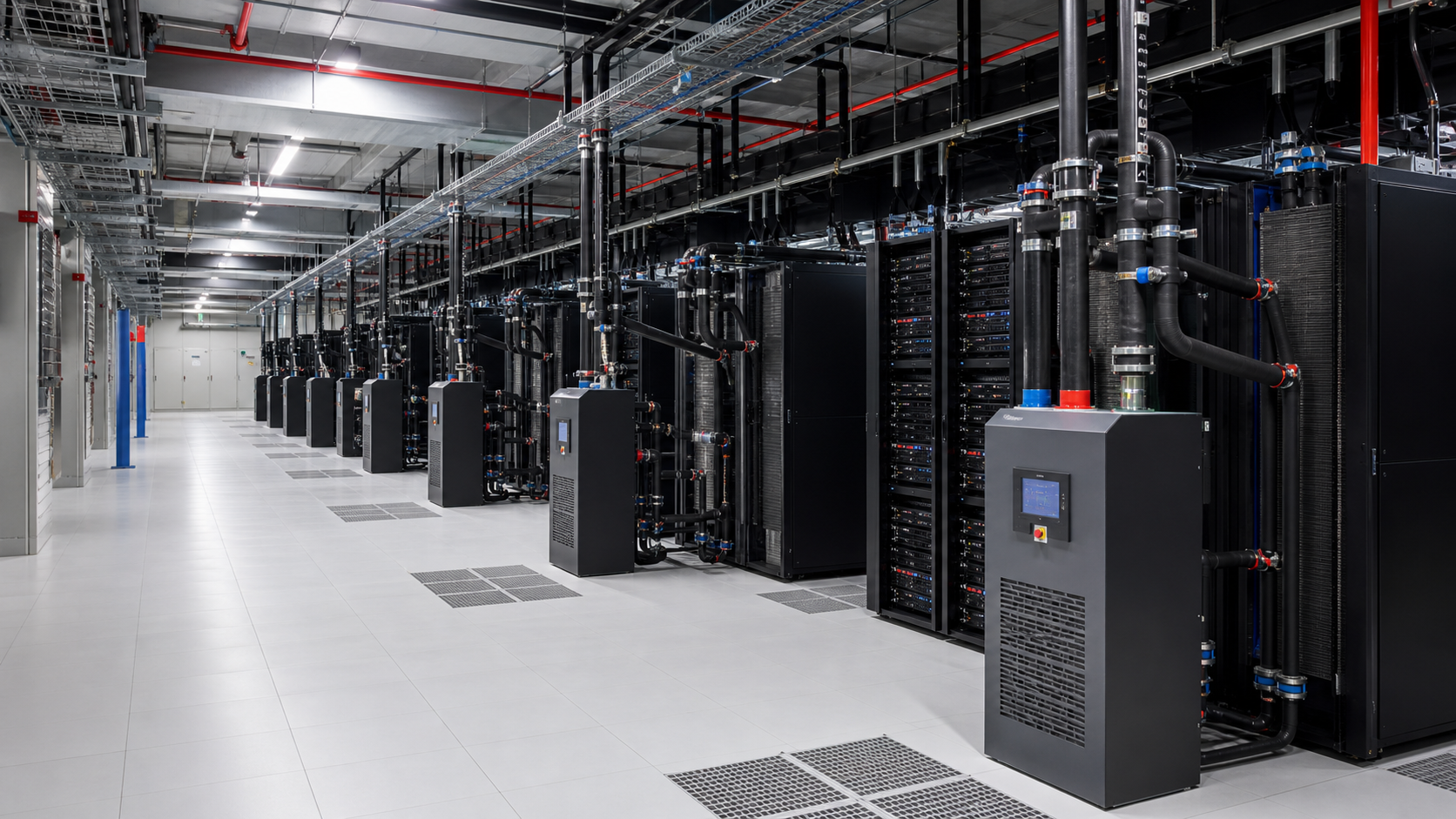 Representative AI-ready hyperscale data center white space with rack-level liquid cooling